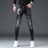 High Street 2022 Mode Décontracté Déchiré Jeans Hommes Patch Adolescents Cowboy Peinture Éclaboussure Encre Noir Crayon Pantalon Skinny Jeans Hommes