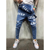 Men Suspenders Denim Jumpsuit Letters Denim Trousers Fashion Overalls Men's Ripped Denim Printed Jeans Men Streetwear