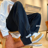 Men High Street Sweatpants Fashion Loose Casual Side Slit Straight-Leg Pants Vintage Blue Jacquard Casual Bottoms Male Clothes