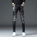 High Street 2022 Mode Décontracté Déchiré Jeans Hommes Patch Adolescents Cowboy Peinture Éclaboussure Encre Noir Crayon Pantalon Skinny Jeans Hommes