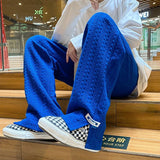 Men High Street Sweatpants Fashion Loose Casual Side Slit Straight-Leg Pants Vintage Blue Jacquard Casual Bottoms Male Clothes