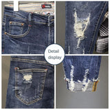 New Original Spring Autumn Blue Wash Designer Distressed Ripped Knees Slim Fit Denim Jeans with Whiskers and Frayed Hem for Men