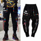 Classic Streetwear Hip Hop Joggers Men Letter Ribbons Cargo Pants Pockets Track Tactical Casual Male Trousers Sweatpant KZ98