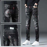 High Street 2022 Mode Décontracté Déchiré Jeans Hommes Patch Adolescents Cowboy Peinture Éclaboussure Encre Noir Crayon Pantalon Skinny Jeans Hommes