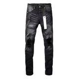 Europe American Vintage Do Old Purples Jeans Men's Classic Black Knee Ripped Skinny Denim Trousers Trend New Straight Leg Pants