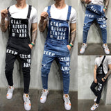 Men Suspenders Denim Jumpsuit Letters Denim Trousers Fashion Overalls Men's Ripped Denim Printed Jeans Men Streetwear