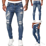 Mens Skinny Ripped jeans Slim scarification Blue Denim Pencil Pants Street hip-hop denim trousers fashion cowboy clothing men