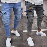 Jeans extensibles pour hommes, mode, déchirés au genou, fermeture éclair, pantalon skinny, pantalon en denim, taille haute, poches latérales