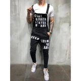 Men Suspenders Denim Jumpsuit Letters Denim Trousers Fashion Overalls Men's Ripped Denim Printed Jeans Men Streetwear