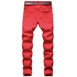 2025 New Men's Casual Jeans Trendy Red Hip Hop Holes Slim Denim Pants Ripped Trousers Versatile Stretch Distressed Pants Male