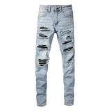 Fashion Men's High Street Jeans with Appliqué, Hand-Sanded, Ripped, Slim Fit and Slimming Trendy Brand Ankle-Length Jeans