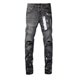 Streetwear Men's Purples Jeans Gray-black Ripped Jeans Men High Street Personality Trend Denim Straight Leg Pants