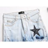 Men's Jeans Ripped Embroidered Five-Pointed Star Fashion Elastic Slim Fit Feet Light Color Street Motorcycle Trousers