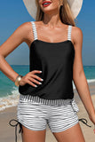 Ensemble tankini à rayures noires avec cordon de serrage latéral