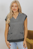 Gray Stripe Collared V Neck Sweater Vest with Pockets