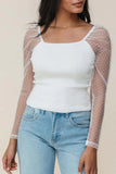 White Swiss Dot Mesh Long Sleeve Square Neck Slim Top