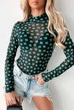 Green St Patrick Shamrock Printed Long Sleeve Mesh Bodysuit