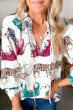 White Colorful Tiger Print Ruffled Lantern Sleeve Blouse