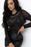 Black Rhinestone Sheer Mesh Long Sleeve Bodysuit