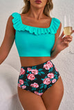 Ensemble de bikini haut de bain à volants et col carré vert mer et short fleuri