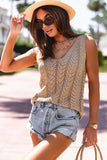 Pale Khaki Scalloped Hem V Neck Crochet Knit Vest