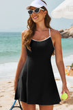 Black Sporty Ribbed Spaghetti Straps One Piece Swimdress