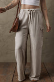 Pantalon cargo ample en lin beige style bohème avec cordon de serrage à la taille et bords bruts