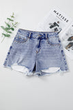 Beau Blue Pearl Studded Pockets Raw Hem Denim Shorts