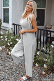 Black Stripe Half Buttoned Sleeveless Wide Leg Jumpsuit