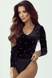 Black Velvet Beaded Long Sleeve V Neck Bodysuit