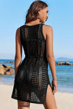 Robe de plage noire en crochet ajouré sans manches avec cordon de serrage