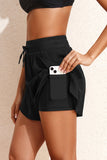 Black High Waisted Drawstring 2-in-1 Side Pocket Color Block Bikini Shorts