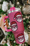 Tasse thermos de Noël avec motif Père Noël et diamants, rose et rouge, avec paille, 40 oz