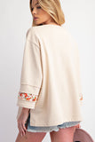 Beige Flower Patch Graphic Exposed Seam Wide Sleeve Top