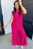 Bright Pink Terry Textured Sleeveless Button Front Wide Leg Jumpsuit