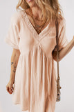 Beige Folded Short Sleeve Lace V Neck Mini Dress