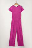 Rose Red Solid Color Ribbed Short Sleeve Wide Leg Jumpsuit