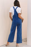 Prussian Blue Mineral Wash Knotted Strap Patched Pocket Wide Leg Denim Overalls