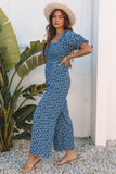 Blue Vintage Boho Floral Smocked Short Puff Sleeve Wide Leg Jumpsuit