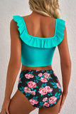 Sea Green Solid Ruffled Square Neck Swim Top and Floral Shorts Bikini Set