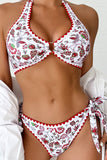 Ensemble de bikini dos nu à motif floral rouge avec anneau en O et nœud