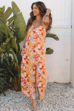 Orange Floral V Neck Wide Leg Sleeveless Jumpsuit