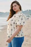 Apricot Bow Printed Ruffled Bubble Sleeve Lace-up Notched Neck Plus Size Blouse